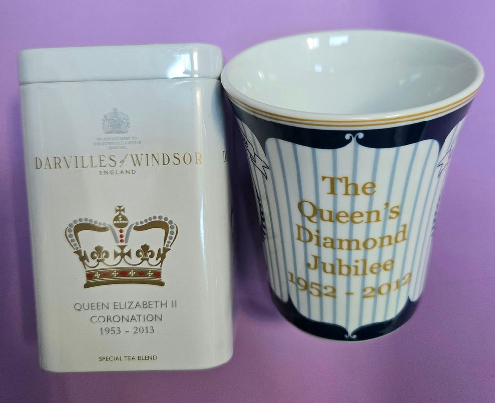Lot 146: A Royal Diamond Jubilee commemorative porcelain china cup plus A sealed Darville of Windsor Corona