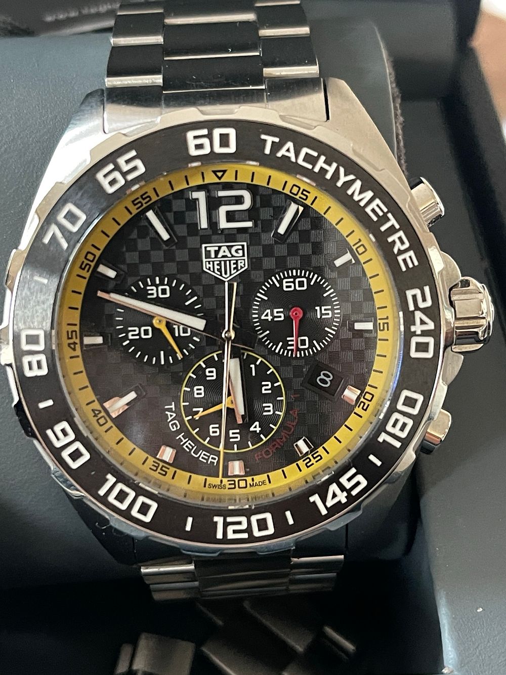Lot 432: TAG Heuer Formula 1 Chronograph Watch Black Dial Yellow Accents Box & Tags