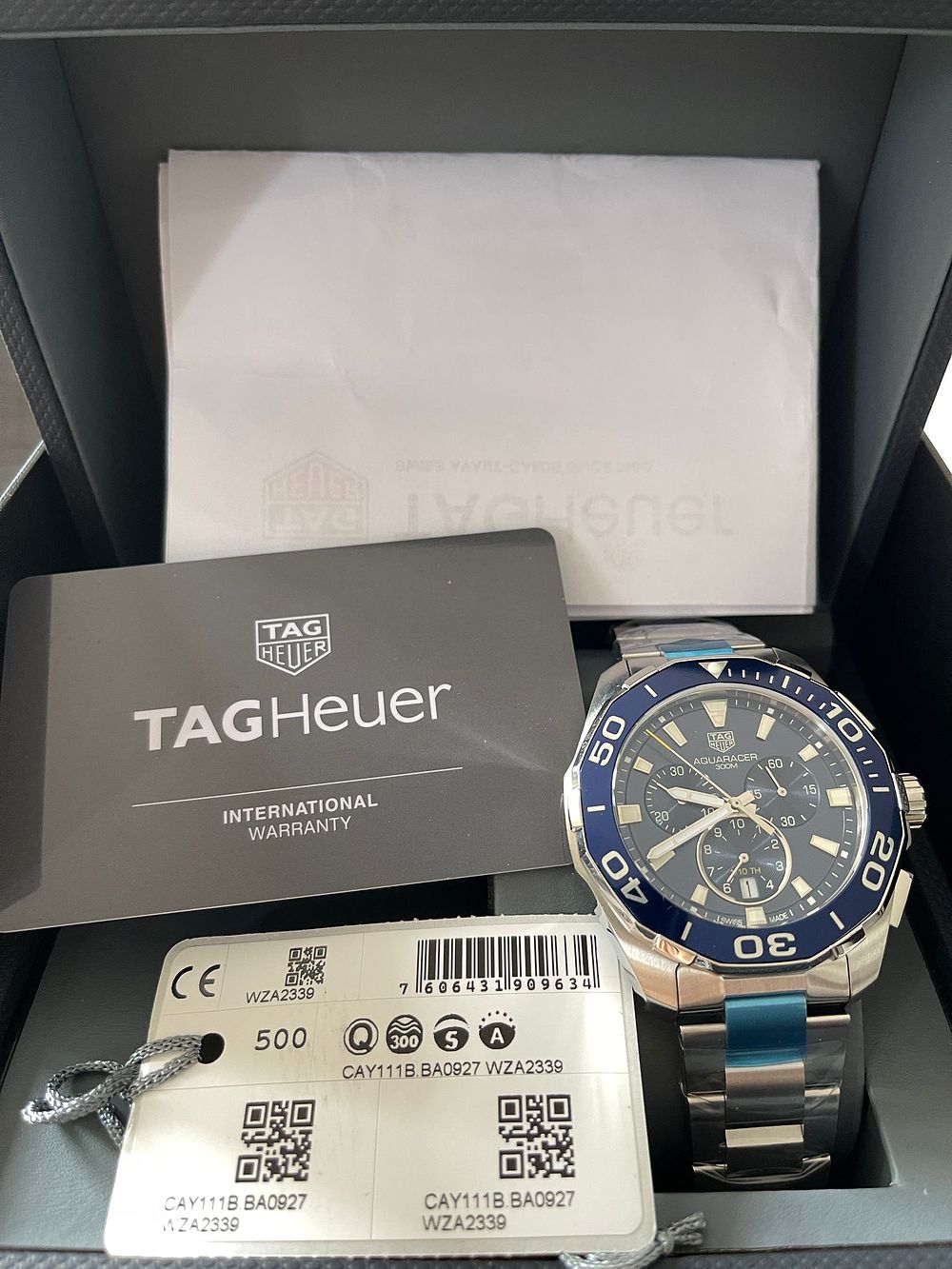 Lot 455: TAG Heuer Aquaracer Chronograph 300M Blue Dial Steel Watch Box Papers Unused