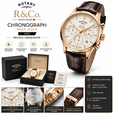 Rotary R&Co Swiss-Made Chronograph Watch Rose Gold New (Private Ownership). Typical Contents May 