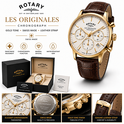 ROTARY LES ORIGINALES CHRONOGRAPH GOLD TONE SWISS MADE LEATHER STRAP. Description 
Premium 