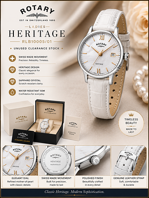 Rotary Ladies Heritage Watch RLB10005/01 - Unused Clearance Stock. Description 
Premium Rotary 
