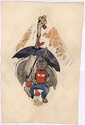 Зайка болельщик ФК "Спартак" и гусь. Иллюстрация к детскому изданию. Художник &laquo;В.Р&raquo;. 