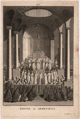 Пикар Б. Армянская церковь. Богослужение. Гравюра из тома III &laquo;Церемонии и религиозные обычаи 