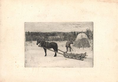 Зима. Неизвестный художник. Гравюра. 1960-е. Размер - 15,5х23,5 см.