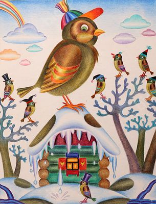 Левицкий А. Модный воробей. Бумага, цветные карандаши. 2000 г. Размер - 26,8х21 см. Левицкий 