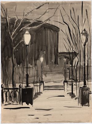 Дургин В.Я. Ночная аллея. Тверской бульвар (?). Бумага, акварель. 1960-е гг. Размер - 41х29 см. 