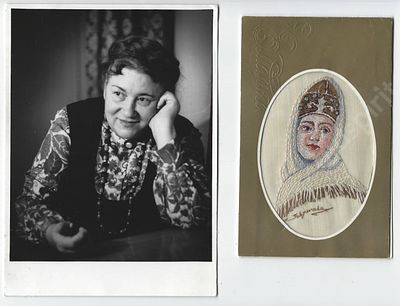 Вышивка-миниатюра. Дагестанская девушка в национальном головном уборе. Ткань, нить. Каталог 