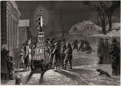 Встреча Рождества. &laquo;Пещь&raquo; — рождественский фонарь. Литография из многотомного издания 