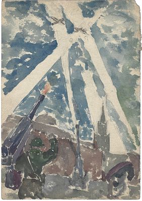 Детский рисунок из блокадного Ленинграда. Разгром немцев под Москвой. Бумага, акварель. 