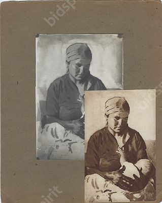 Фотоотпечаток на паспарту и открытое письмо &laquo;Шахтерка-мать&raquo;. (Оригинальный рисунок В. В. 