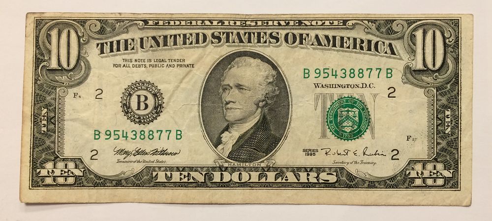 ארה״ב , שטר 10 דולר 1995 במצב טוב מאוד עם טעות תזוזה