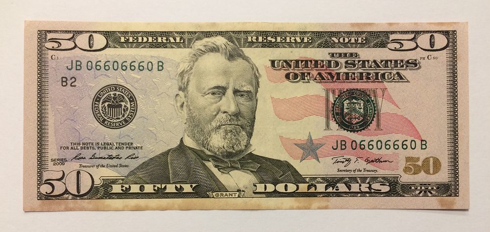 ארה״ב , שטר 50 דולר 2009 במצב טוב מאוד עם כתמים, 
מספר דו ספרתי יפה