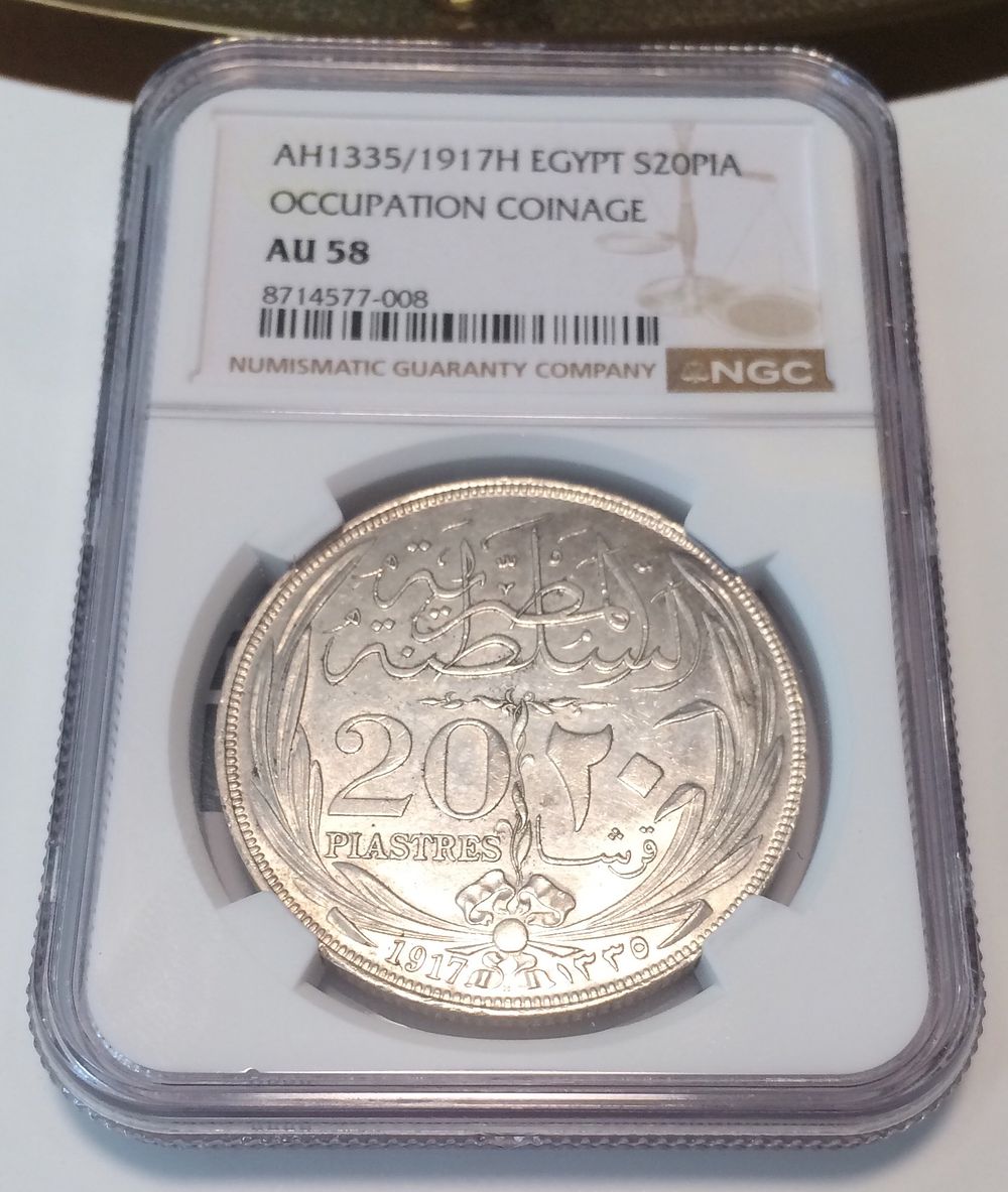 EGYPT SILVER COIN 20 PIASTRES 1917 H NGC AU 58 almost UNC
. EGYPT SILVER COIN 20 PIASTRES 1917 