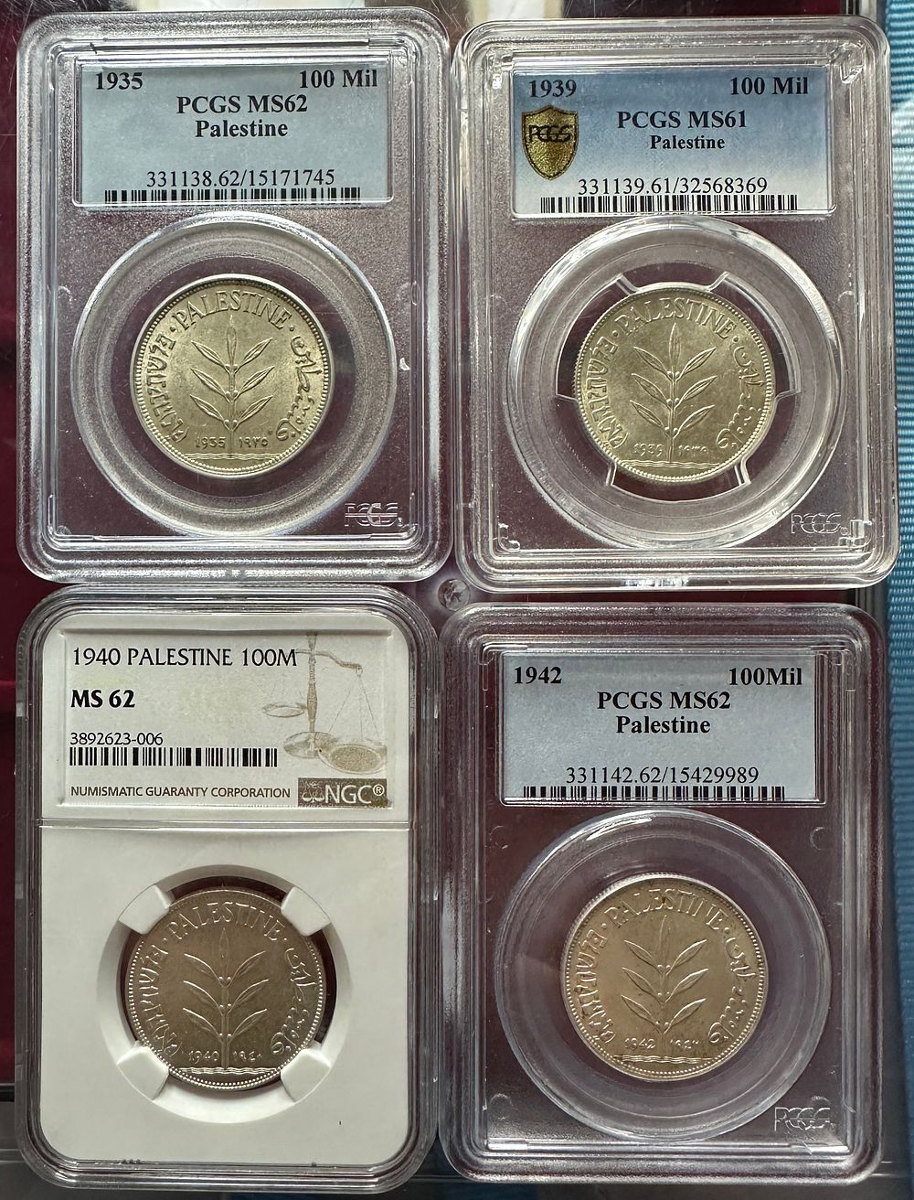 Lot of 4 Coins , Palestine Eretz Israel the lot have: silver coin 100 mils 1935 , 1939 , 1940 