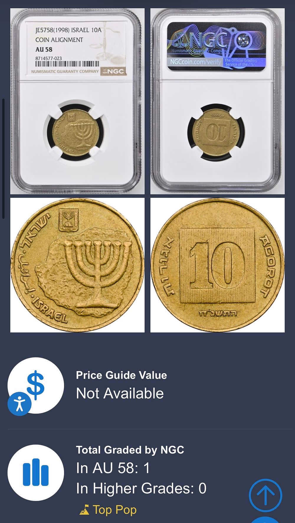 Israel , Coin with rotated dies Error , Coin alignment in 10 agorot 1998 graded by NGC AU 58 