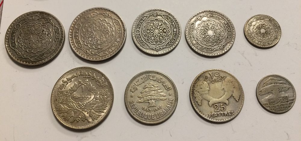 SYRIA AND LEBANON 9 SILVER COINS LOT OF 10 and 25 and 50 Piastres 1929 - 1952
And 1 Lira 1950