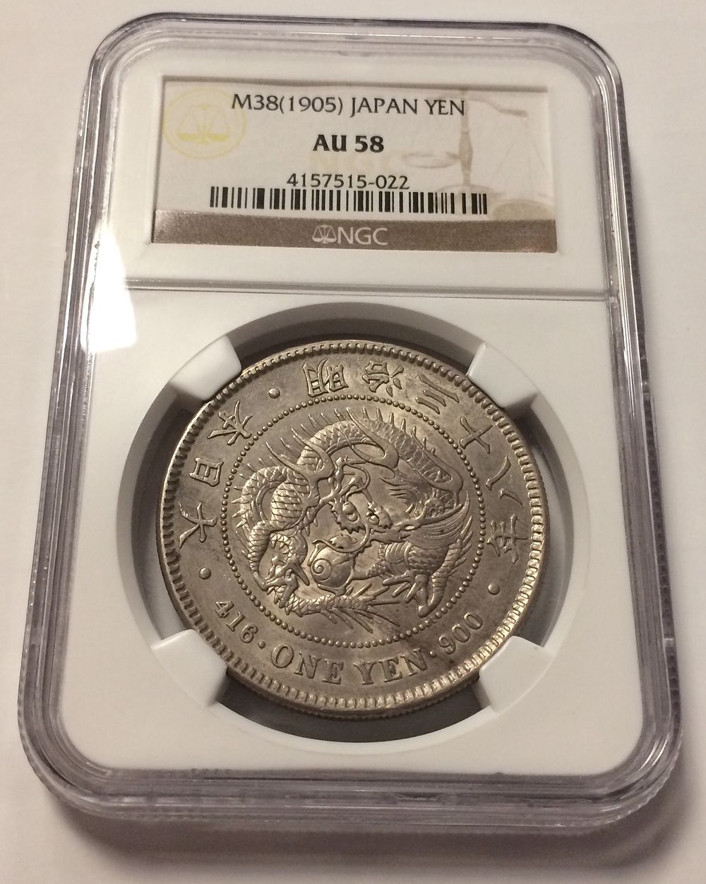 JAPAN SILVER COIN 1 YEN 1905 NGC AU 58 ALMOST UNC