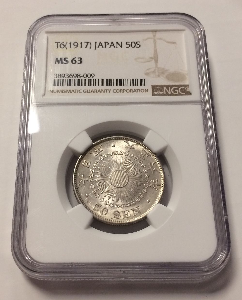 JAPAN SILVER COIN
50 SEN 1917 NGC MS 63 UNC