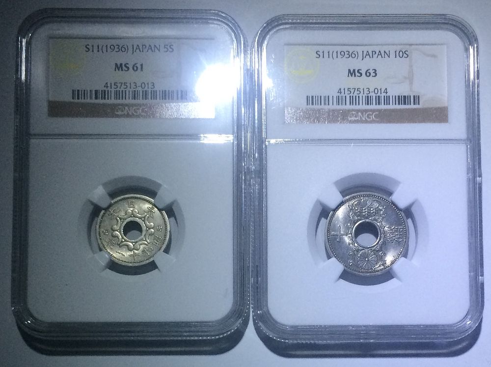 PAIR JAPAN NICKEL COINS 5 and 10 SEN 1936
NGC MS 61 , 63 UNC