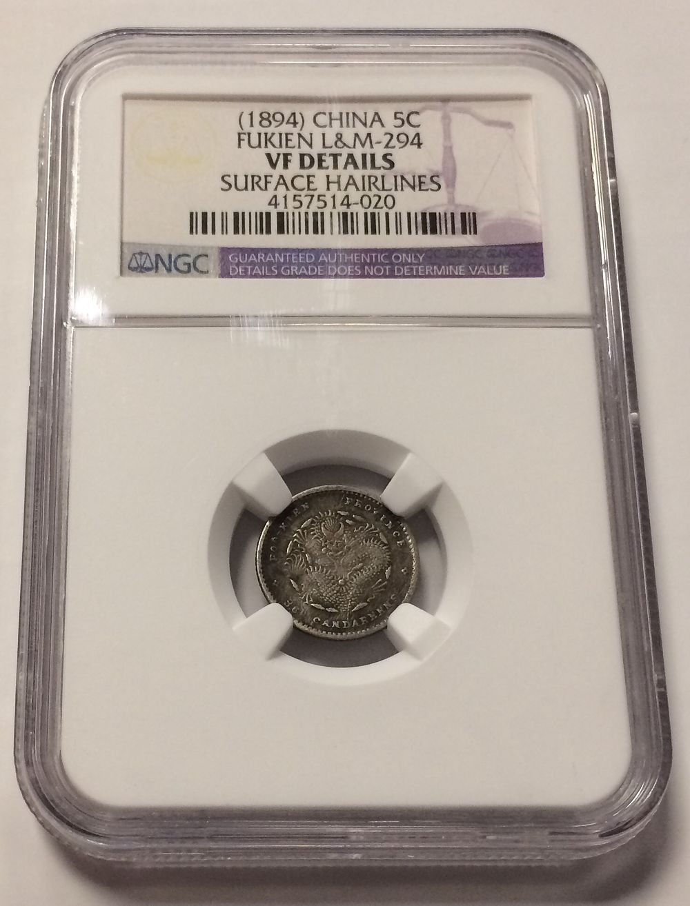 China Silver coin 5 Cents 1894 NGC VF DETAILS
