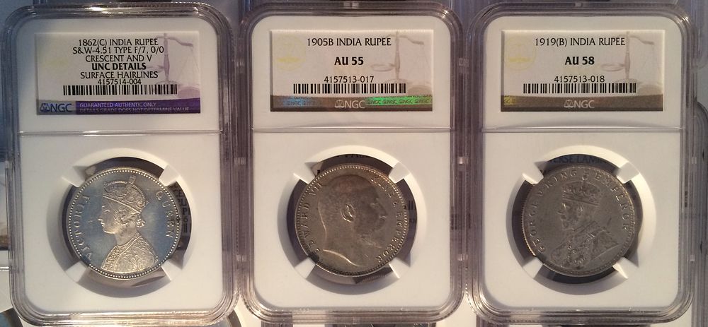 Lot India Silver Coins 1 Rupee 1862 , 1905 , 1919
NGC AU 55 , 58 UNC DETAILS