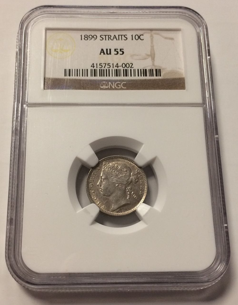 Malaysia Straight settelments 10 Cents 1899 Silver Coin NGC AU 55