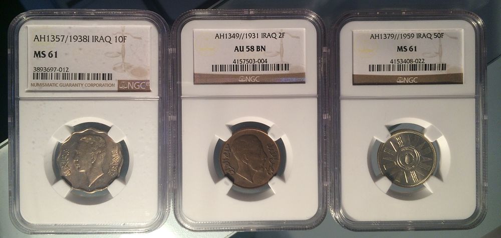 Lot Iraq Coins 2 , 10 , 50 fils
1931 , 1938 , 1959 
NGC AU 58 MS 61