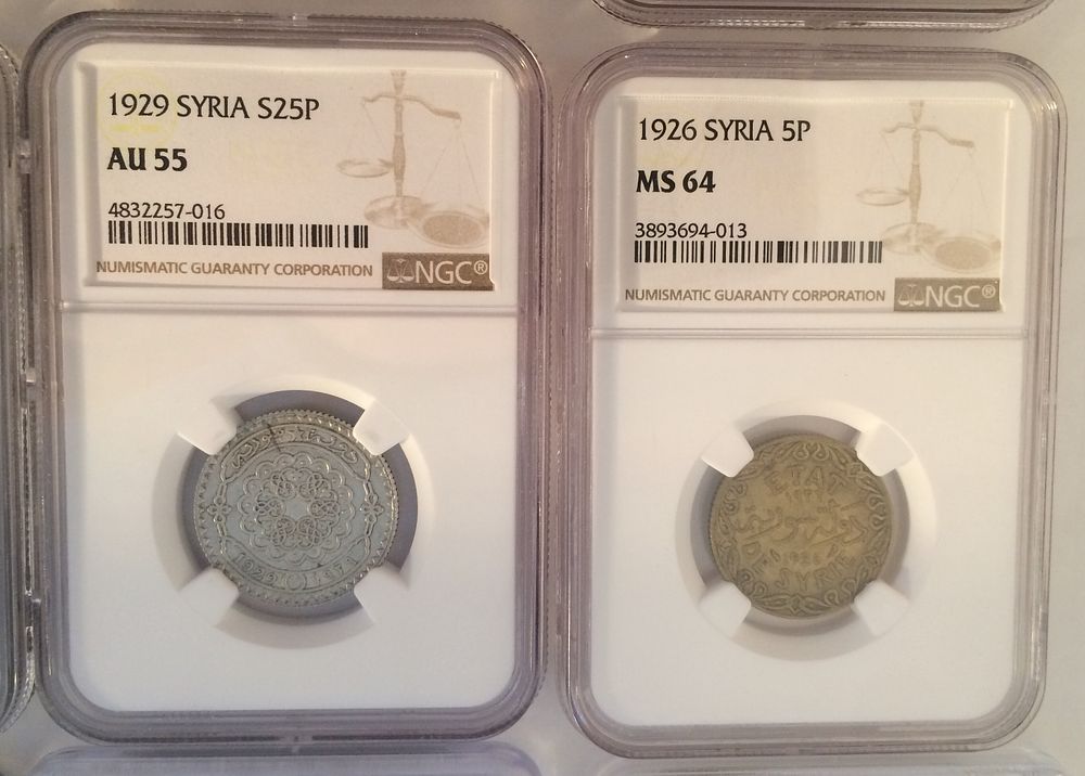 Pair Syria Coins 5 , 25 piaster 1926 , 1929
NGC AU 55 . MS 64
