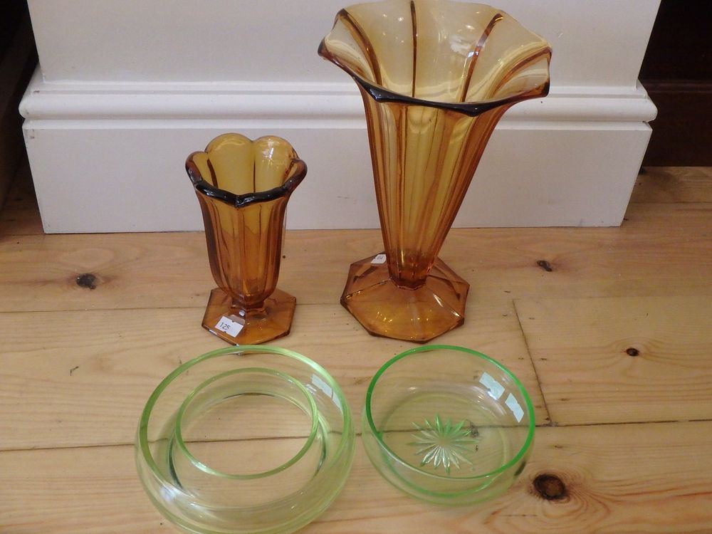 Lot 11: Two Lovely Amber Glass Vases & Two Uranium...