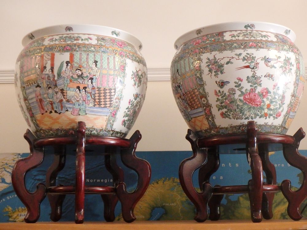 Lot 44: Two Very Large Vintage Fish Bowls/Jardinière's on Wooden...