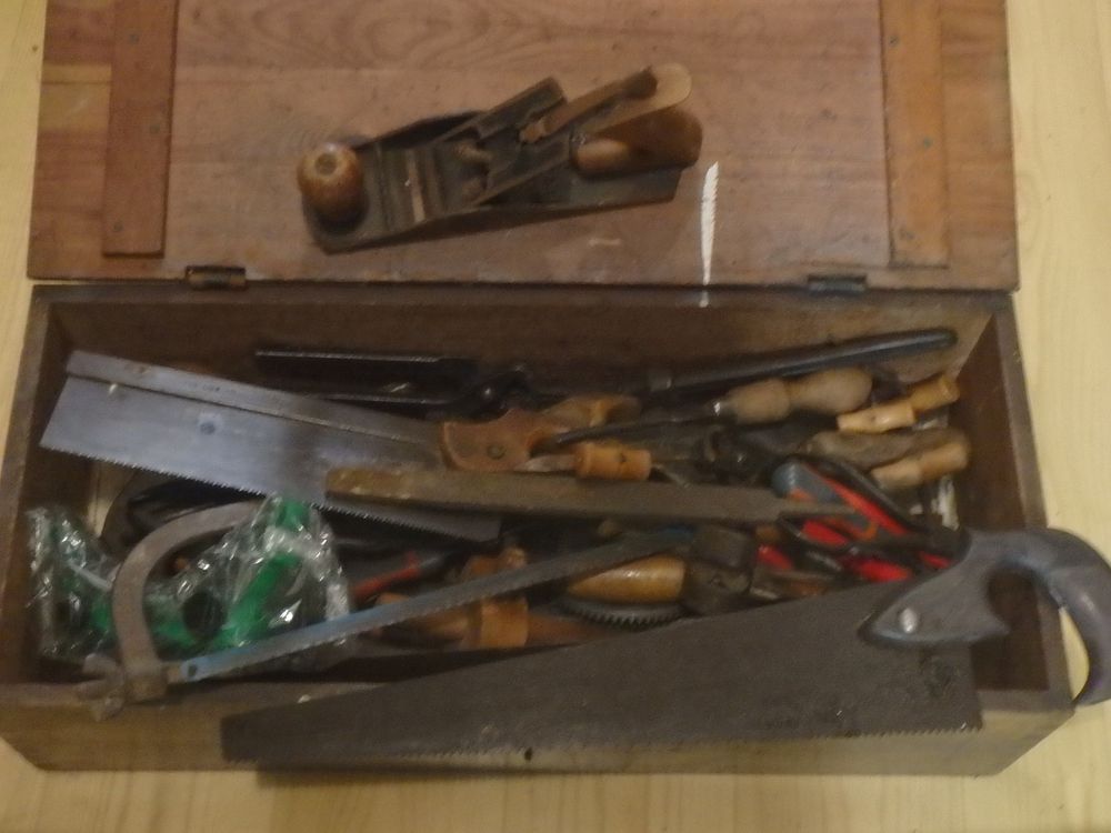 Lot 524: Wooden Tool Box with Vintage Tools.