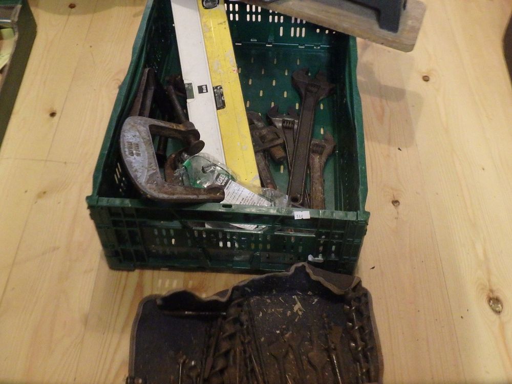 Lot 525: Box of Tools Spanners, Clamps, Drill Bits etc