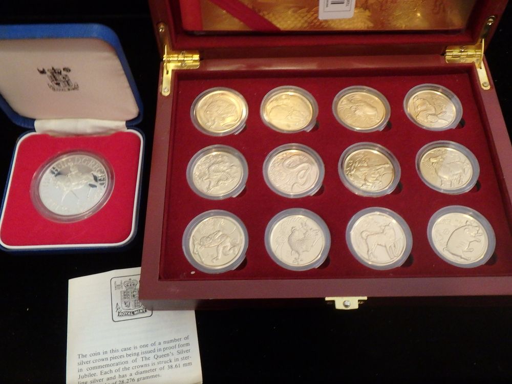 Lot 75: Gold Plated Chinese Horoscope Coins & Sterling Silver...