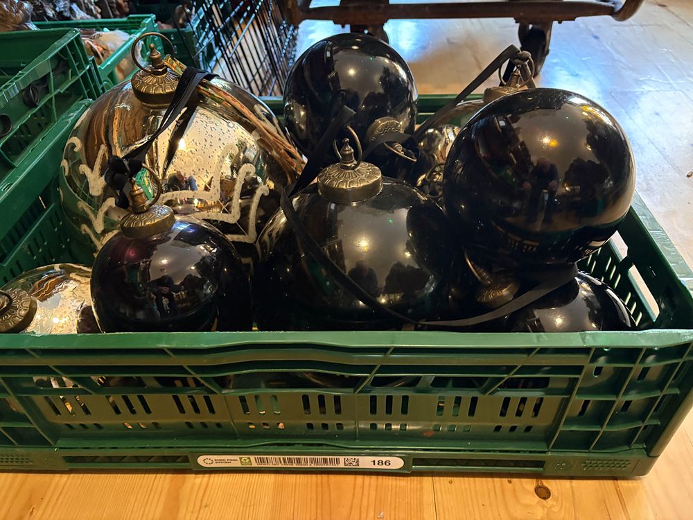 Lot 609: Large Glass Hanging Ball Ornaments in various sizes on ribbons