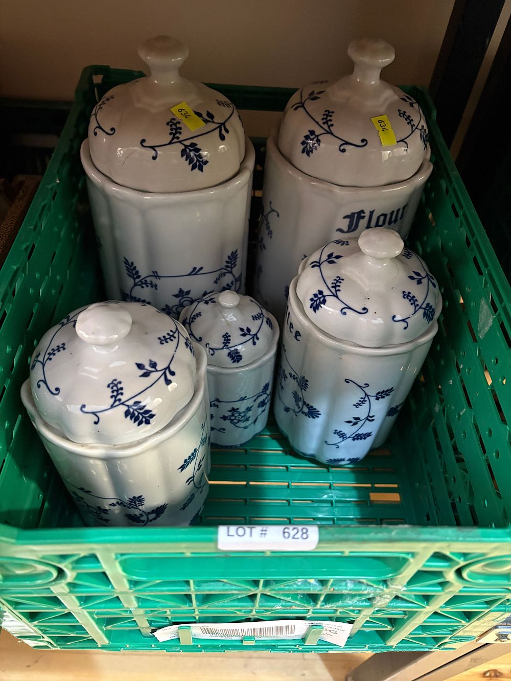 Lot 628: Five ceramic blue and white kitchen storage jars