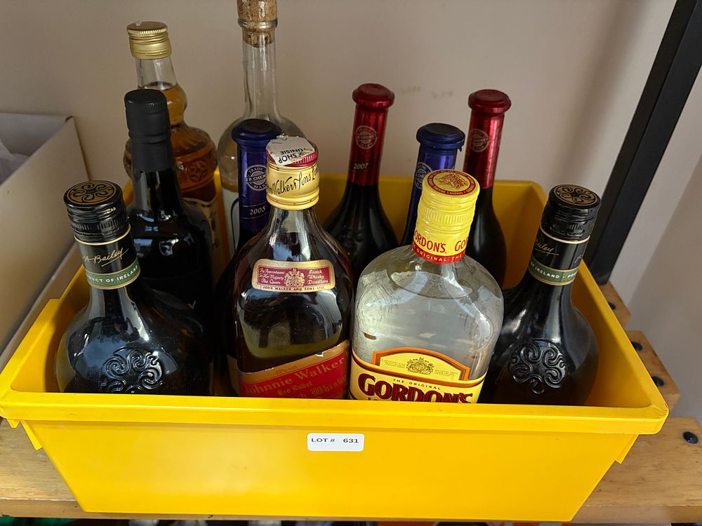 Lot 631: Box of mixed alcohol to include Jonny Walker , Gordons dry gin both one litre and two bottles of Baileys four bottles of wine sherry etc