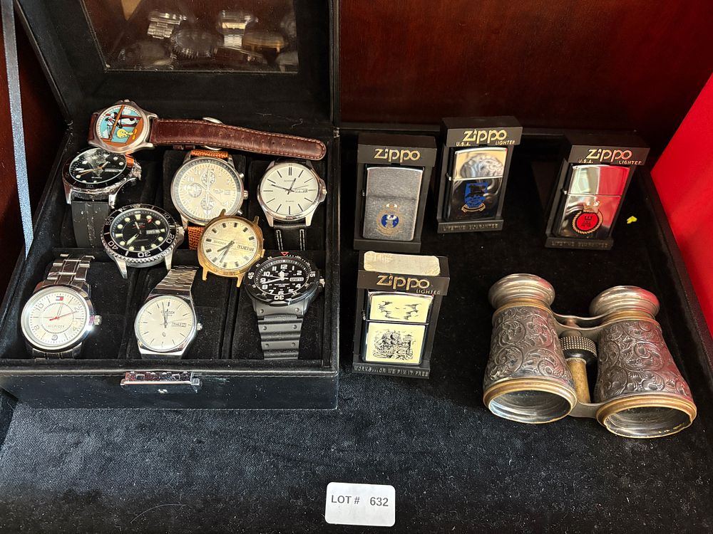 Lot 632: Nine watches and four zippo lighters and one silver hallmarked pair of binoculars
