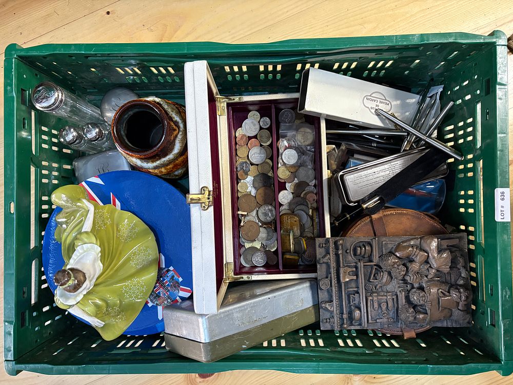 Lot 636: Nice box lot of items to include Royal Doulton figure, west German vase, pens and mixed coins etc