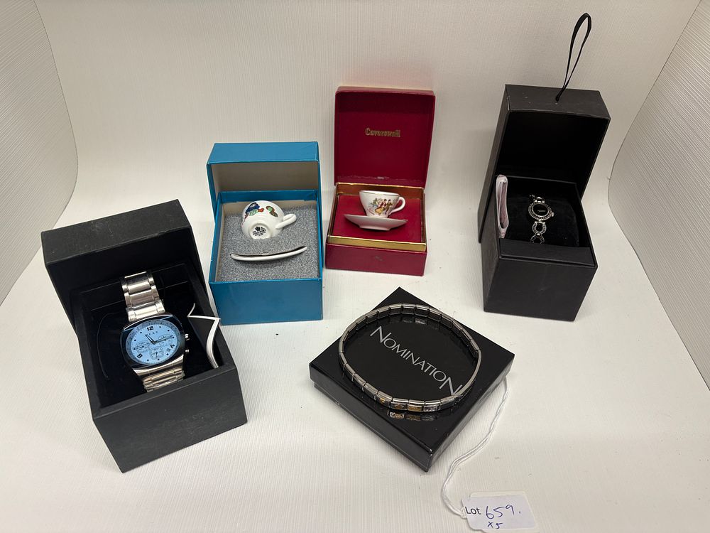 Lot 659: Nomination charm bracelet together with two watches John Lewis and Next and two miniature cup and saucer coal port and caverswall