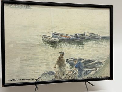 Victor Noble Rainbird Framed Watercolor Painting, Fishers at Morning Shields. A framed 