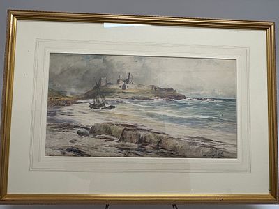 Thomas Swift Hutton watercolour "Dunstanburgh Castle, Northumberland -with a ship aground on 