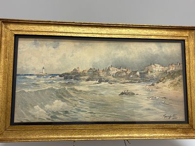 T.S. Hutton Watercolor, Coastal Scene with Lighthouse. A framed watercolor painting by T.S. 