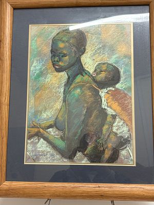 Framed Pastel Drawing of Woman and Baby. A framed pastel drawing depicting a woman carrying a 