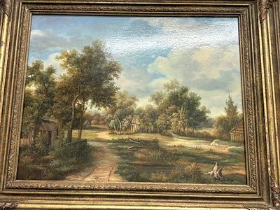 Framed Oil Landscape Painting, Rustic Scene. An oil landscape painting depicting a rustic scene 