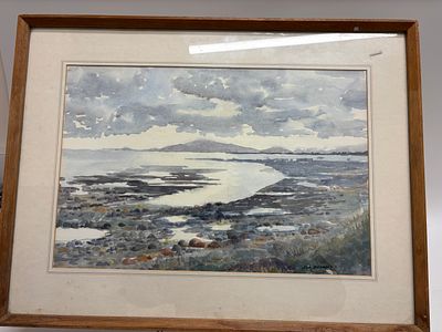 A Framed Watercolor Painting of a Seascape. A framed watercolor painting, predominantly in 