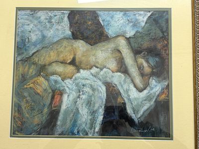 Lawrence Lee Reclining Nude Pastel Drawing. A framed pastel drawing depicting a reclining nude 