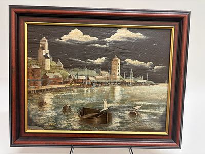Rare 1980s Painting on Slate by Jeff Rowland of the Low lights North Shields . Tynemouth born 