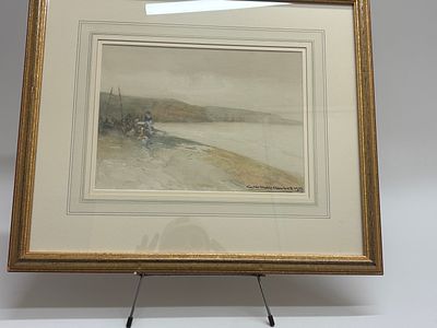 Victor Noble Rainbird (1889-1936), "Fisherfolk by a beached coble". A watercolor painting on 