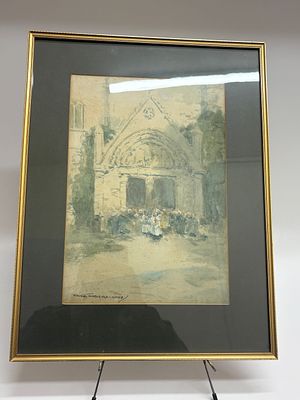 Victor Nobel Rainbird "congregation outside a cathedral" watercolour